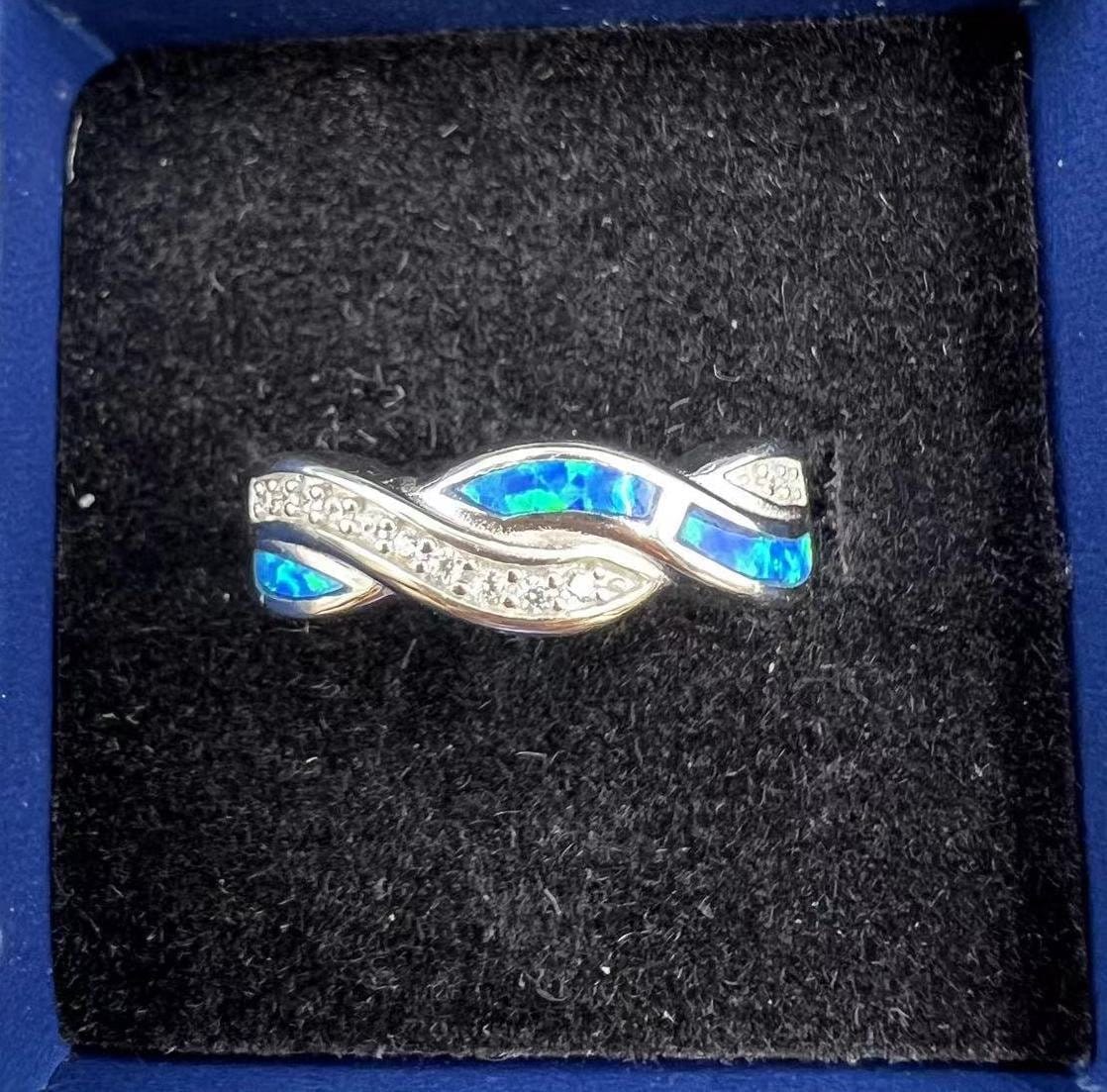 Size 8, Blue Opal Inlay Sterling Silver Ring