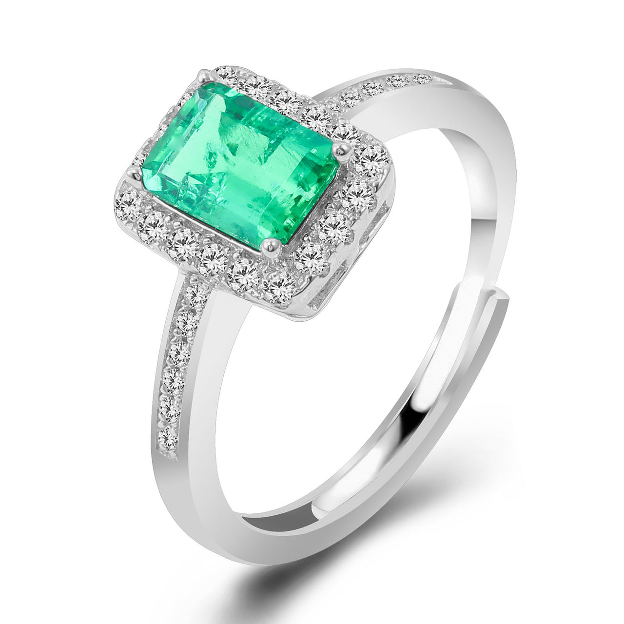 Exquisite Inlay Emerald Adjustable Ring, Square Cut, Sterling Silver