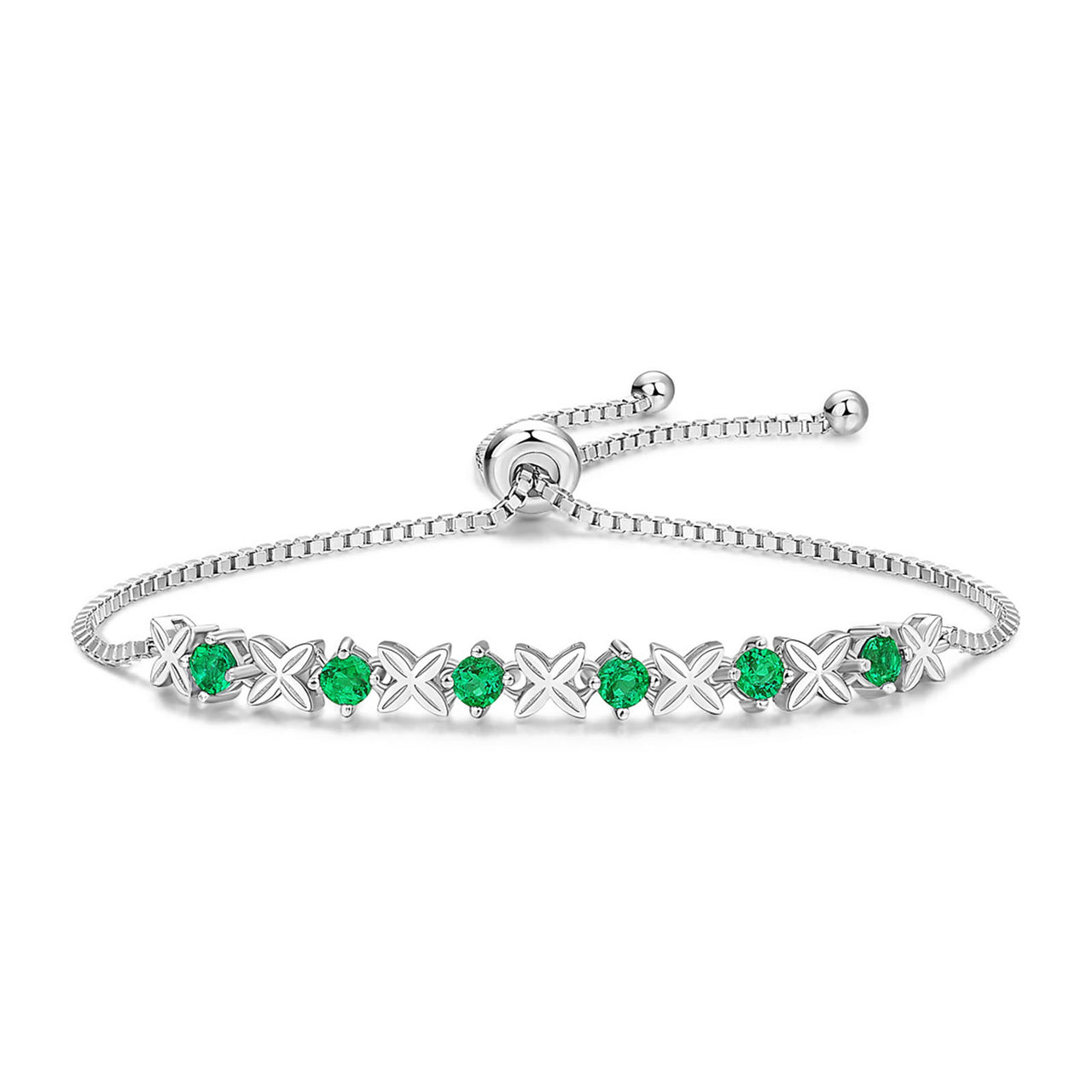 Emerald Four-Leaf Clover Adjustable Sterling Silver Bracelet, Cultivated Elegance - Birthday Anniversary Bridal Wedding Gifts For Her