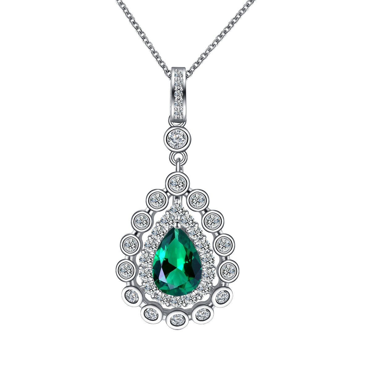 Emerald Pear-Shaped Pendant Necklace, Teardrop, Droplet with CZ Halo