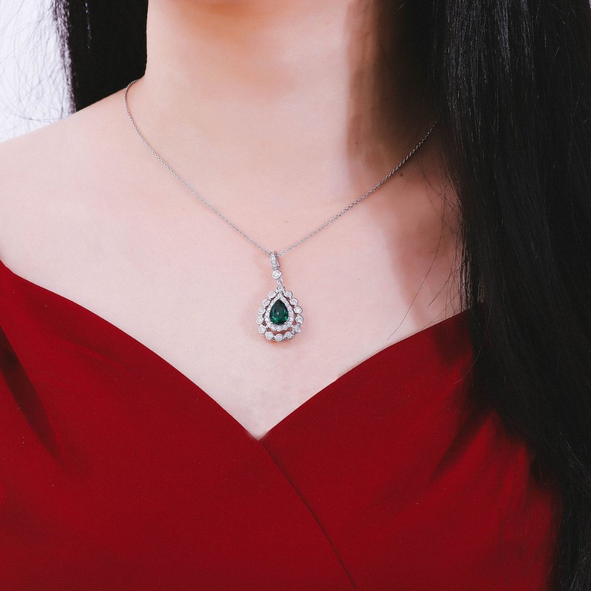 Emerald Pear-Shaped Pendant Necklace, Teardrop, Droplet with CZ Halo