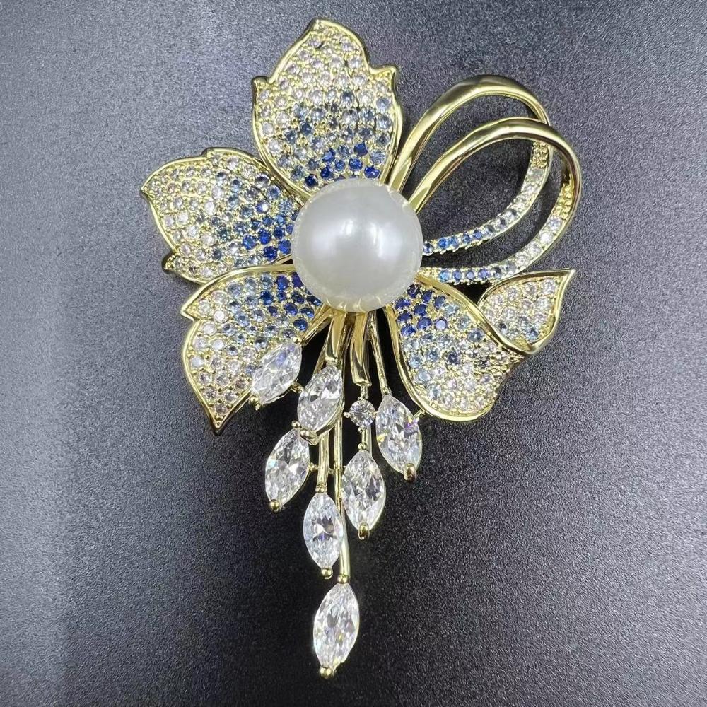 Hand Micro-Pave Zircon Gold and Blue Flower Pearl Brooch