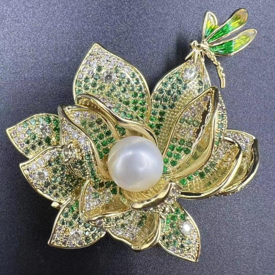 Hand Micro-Pave Zircon Green Lotus Flower Dragonfly Pearl Brooch