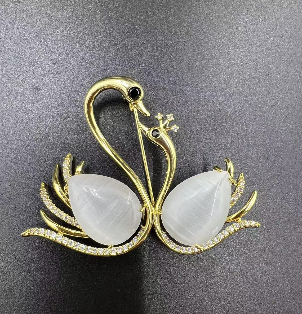 Handcrafted Cat’s Eye Stone Swan Brooch