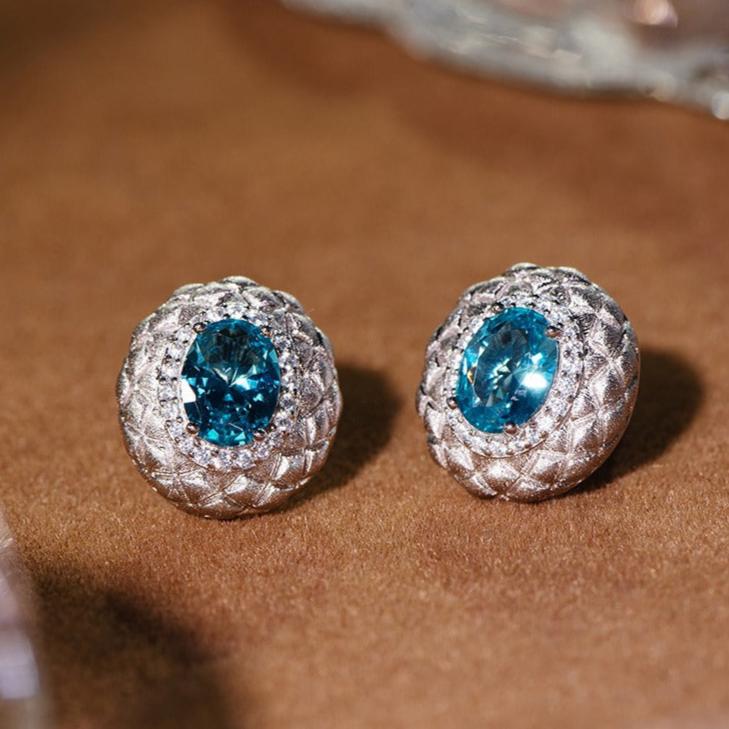 Italian Brushed Blue Paraiba Quilted Sterling Silver Stud Earrings