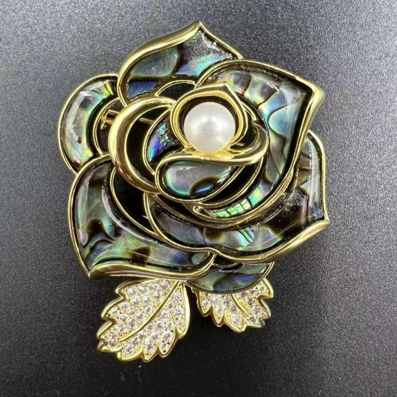 Black Abalone Shell Flower Pearl Brooch