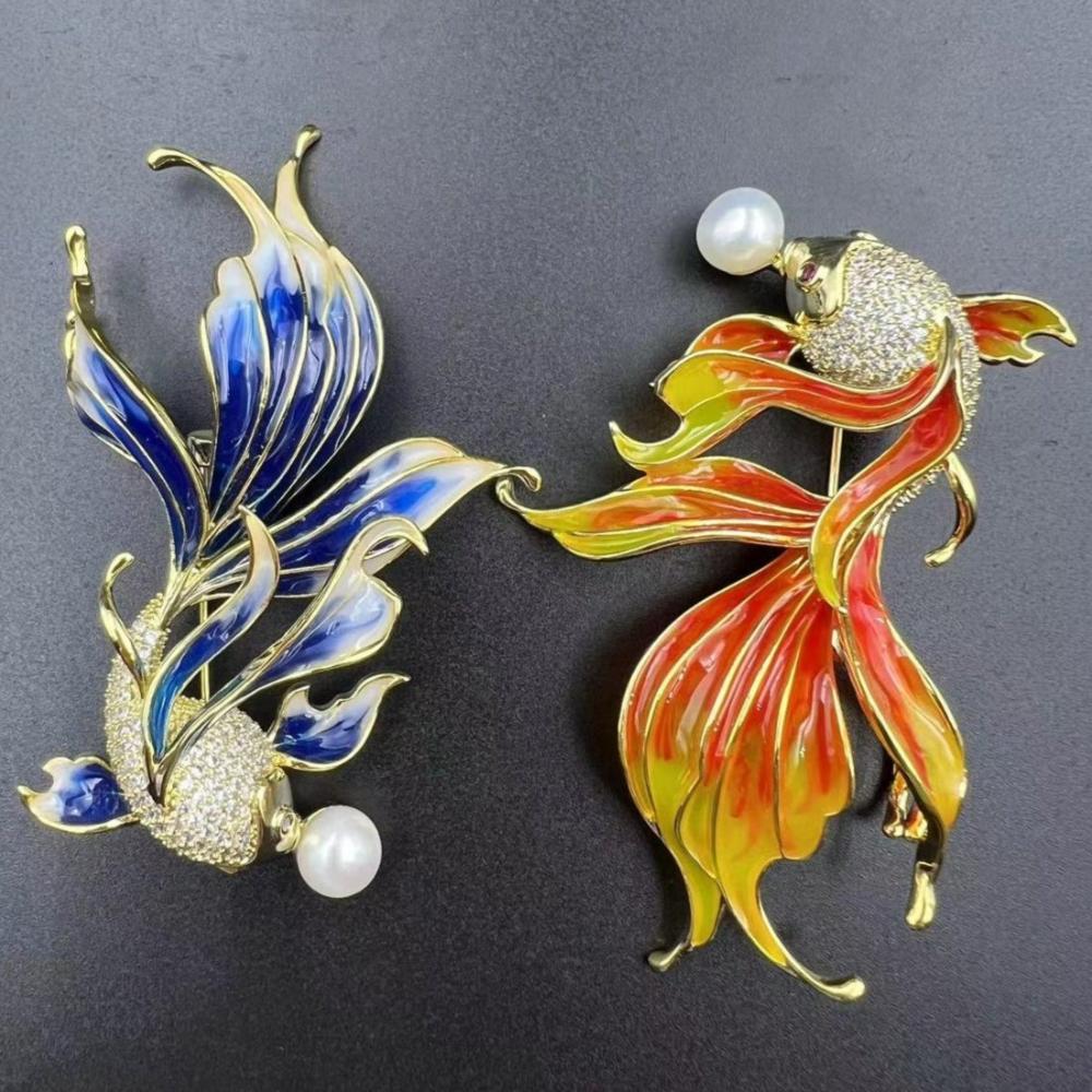 Hand Micro-Pave Zircon, Blue (Orange) Enamel Goldfish Pearl Brooch