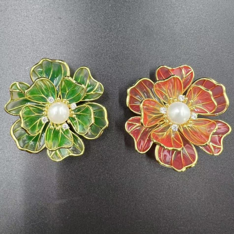 Handmade Dropping Oil Enamel Red (Green) Flower Pearl Brooch