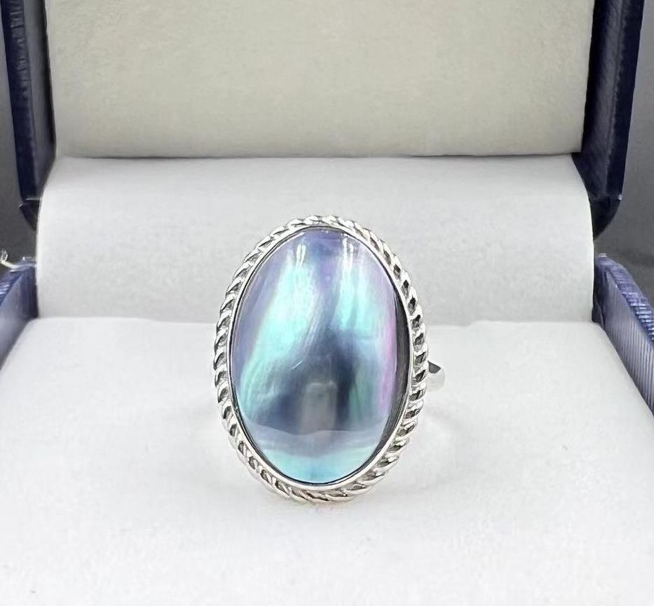 Blue Oval Egg-Shape Mabel Pearl Sterling Silver Adjustable Ring