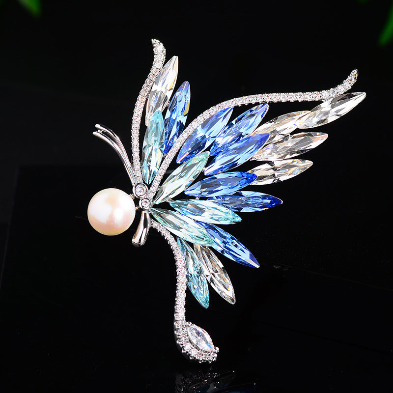 Blue Glass Crystal Butterfly (Natural Pearl) Brooch