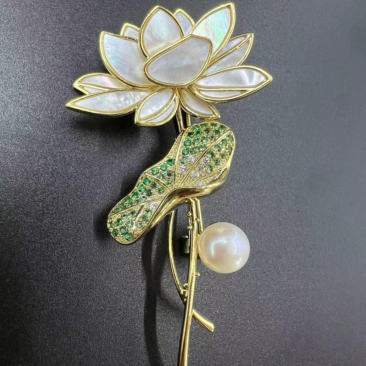 Freshwater Pearl and Mother-of-pearl Lotus Flower Brooch