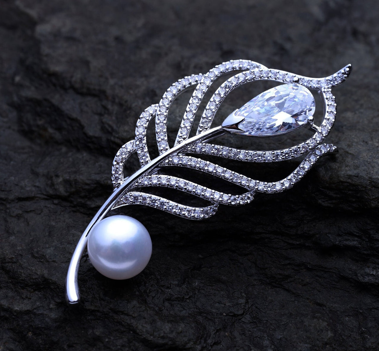 Silver Freshwater Pearl Feather Brooch