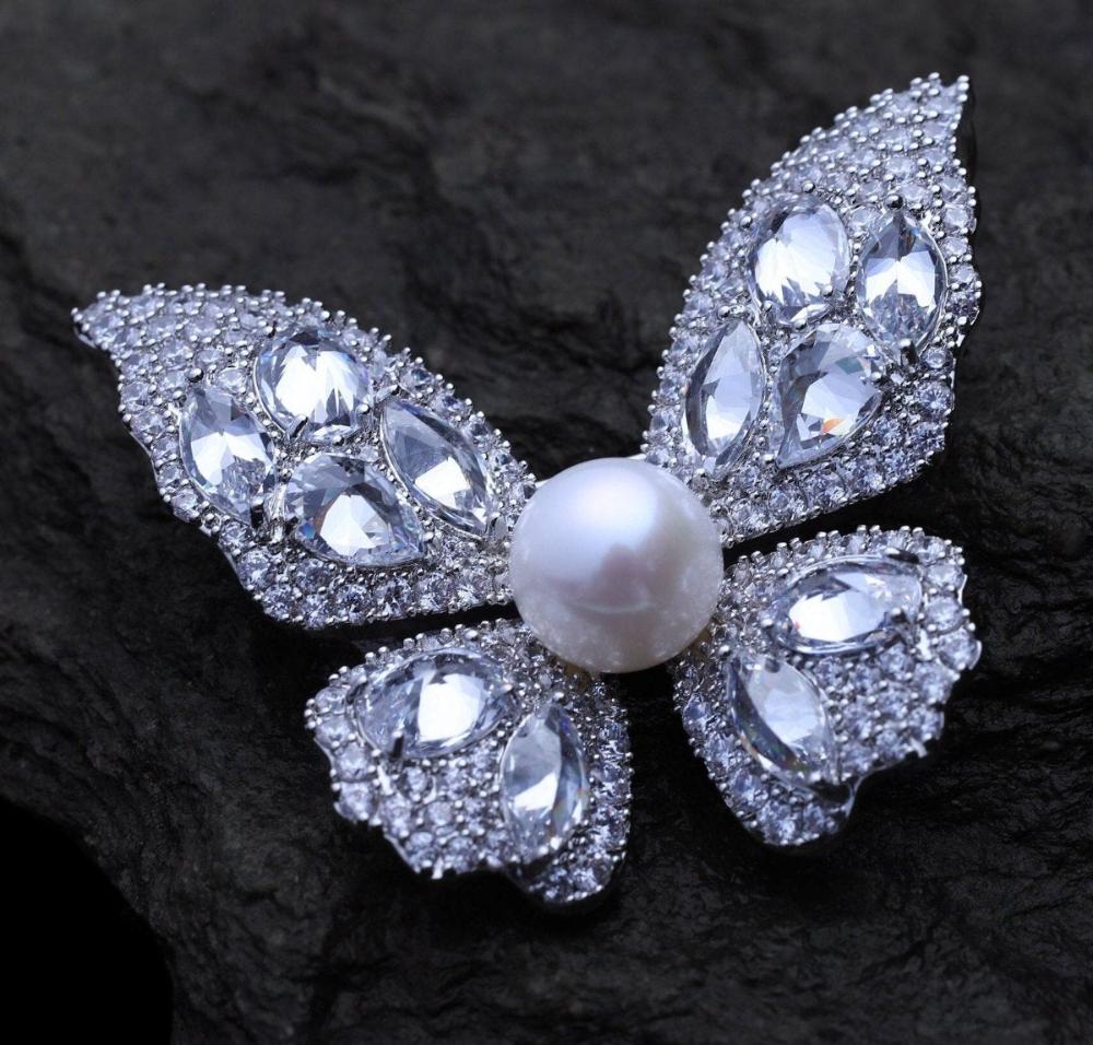 Silver-Handcraft-Zircon-Freshwater-Pearl-Butterfly-Brooch