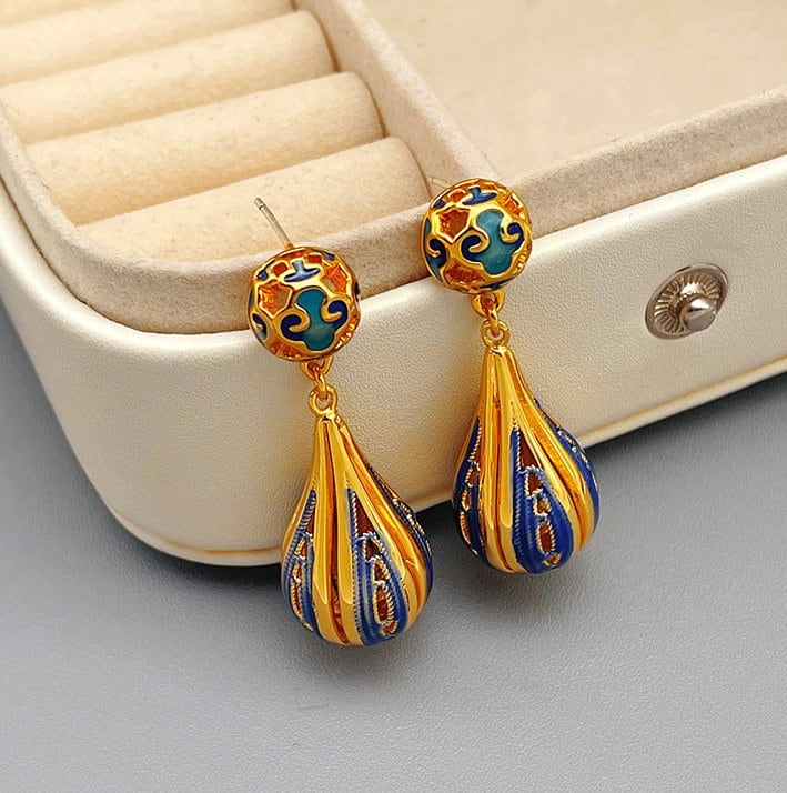 Vintage-Blue-Hand-Painted-Enamel-Drop-Earrings1