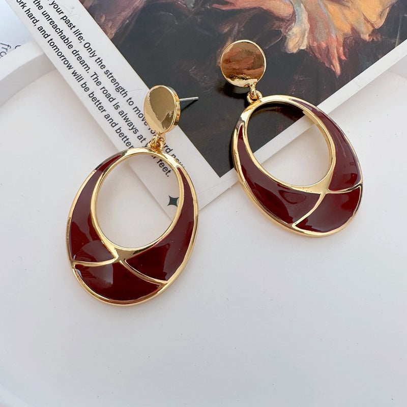 Vintage Oval Red Enamel Drop Earrings