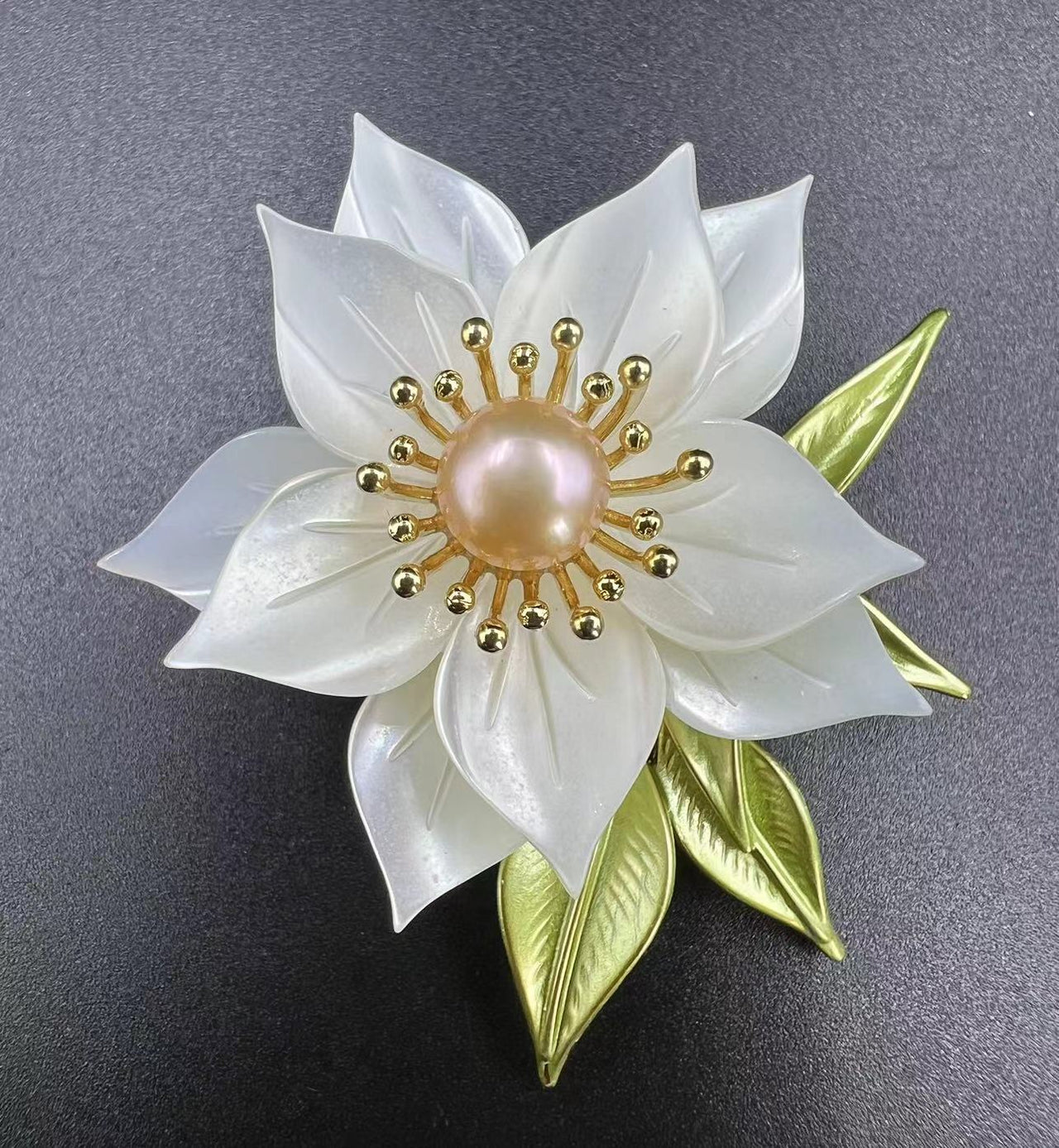 White Mother-of-pearl and Pearl Flower Brooch