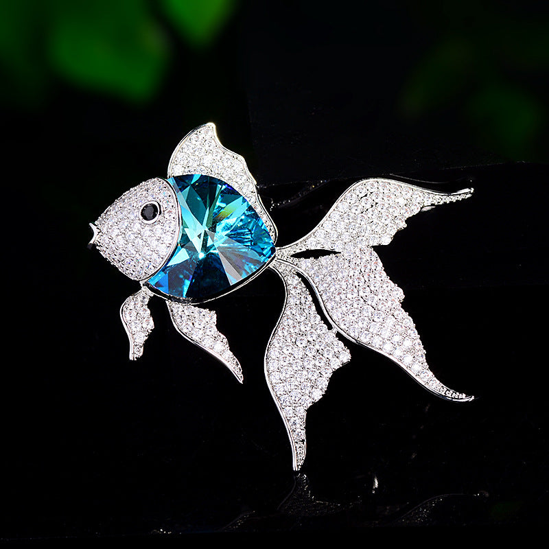 Hand Micro-Pave Zircon Blue Crystal Goldfish Brooch