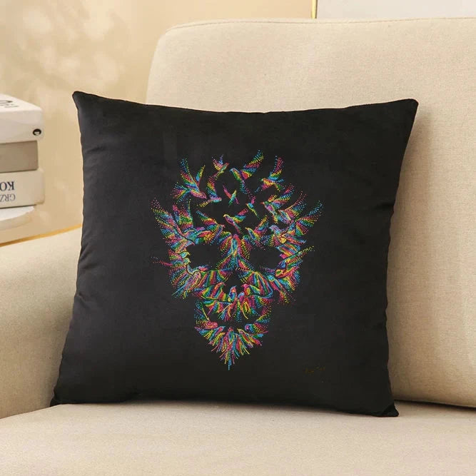 Vibrant Sequin Skull Silk Velvet Pillow Cover