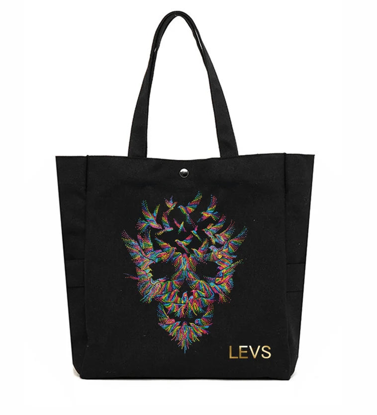 Personalized Canvas Tote Bag with Vibrant sequin Bird Skull Design