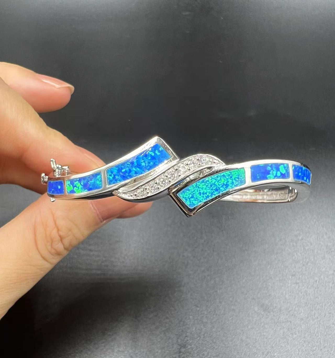 Elegant Blue Opal Inlay Sterling Silver Bracelet