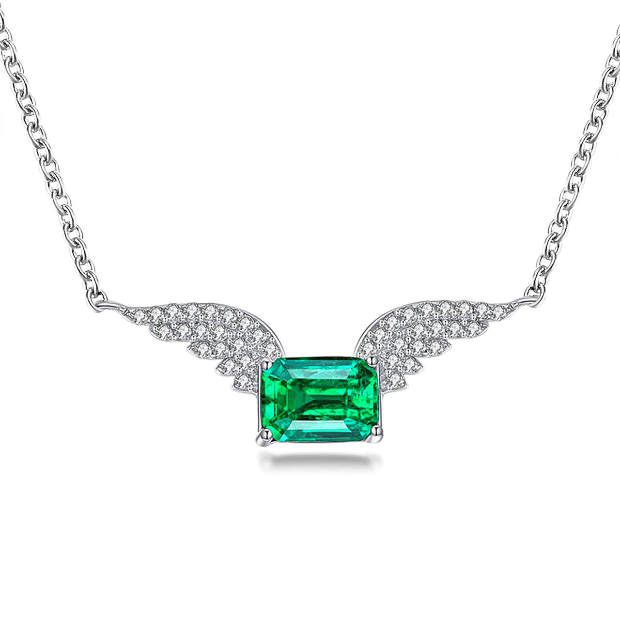 Emerald Angel Wings Pendant, Sterling Silver Necklace