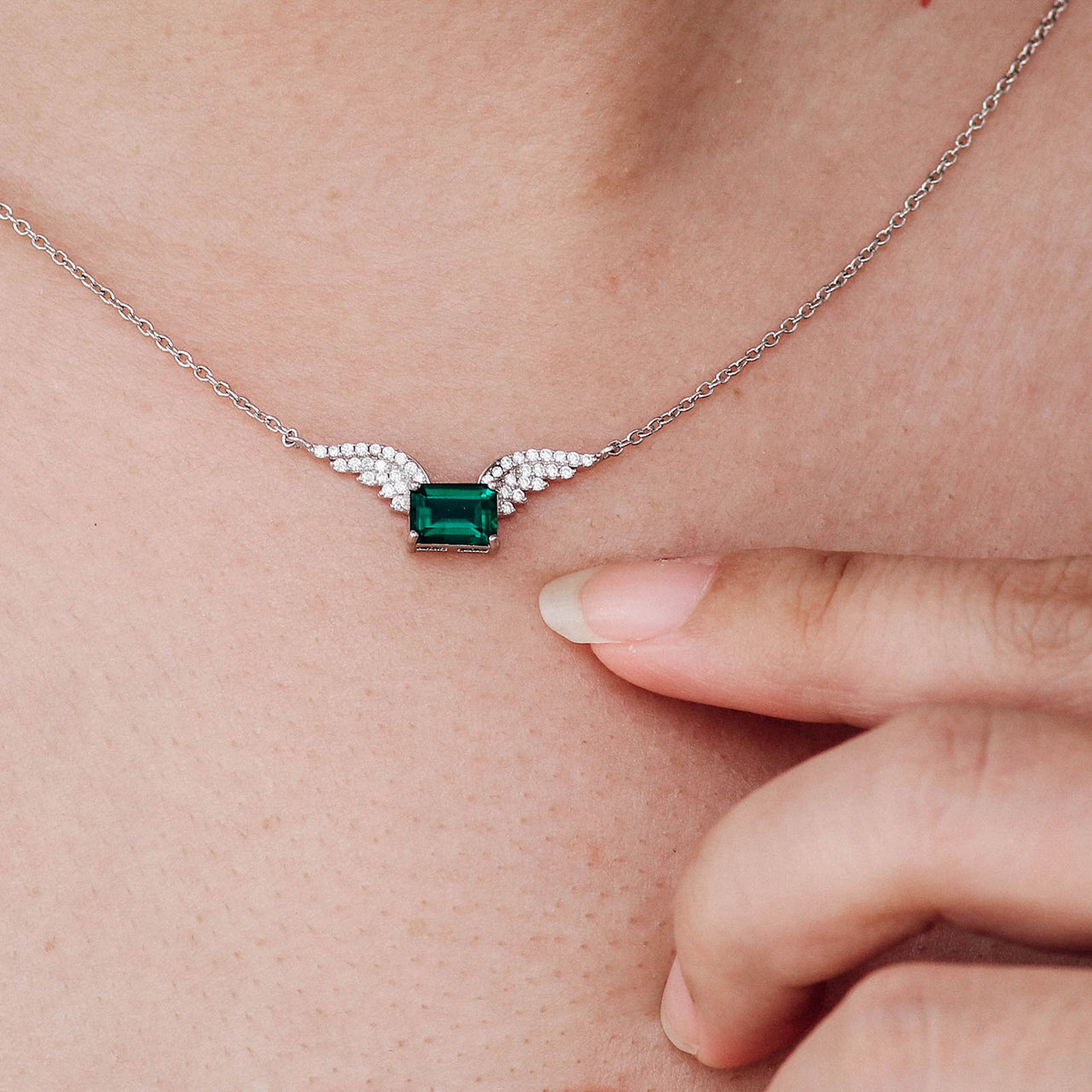 Emerald Angel Wings Pendant, Sterling Silver Necklace