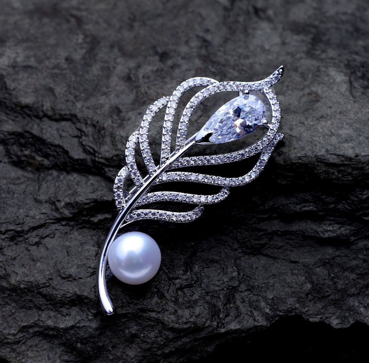 Silver Freshwater Pearl Feather Brooch