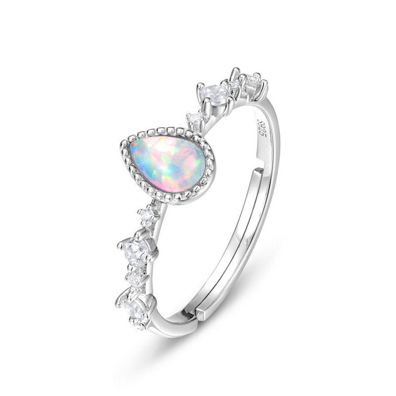 White Teardrop Opal Sterling Silver Adjustable Ring