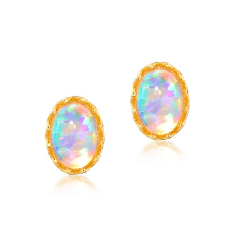 White Opal Oval Egg-Shape Stud Earrings Sterling Silve