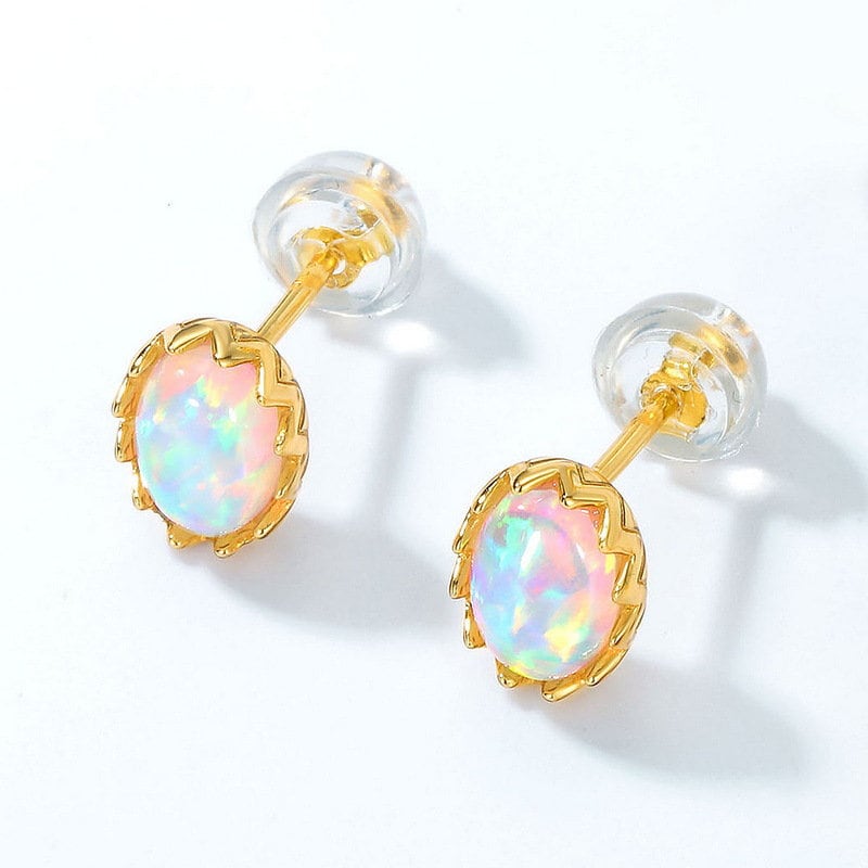 White Opal Oval Egg-Shape Stud Earrings Sterling Silve