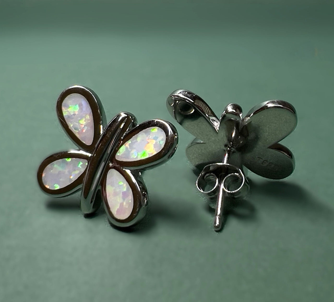 White Opal Butterfly Sterling Silver Stud Earrings