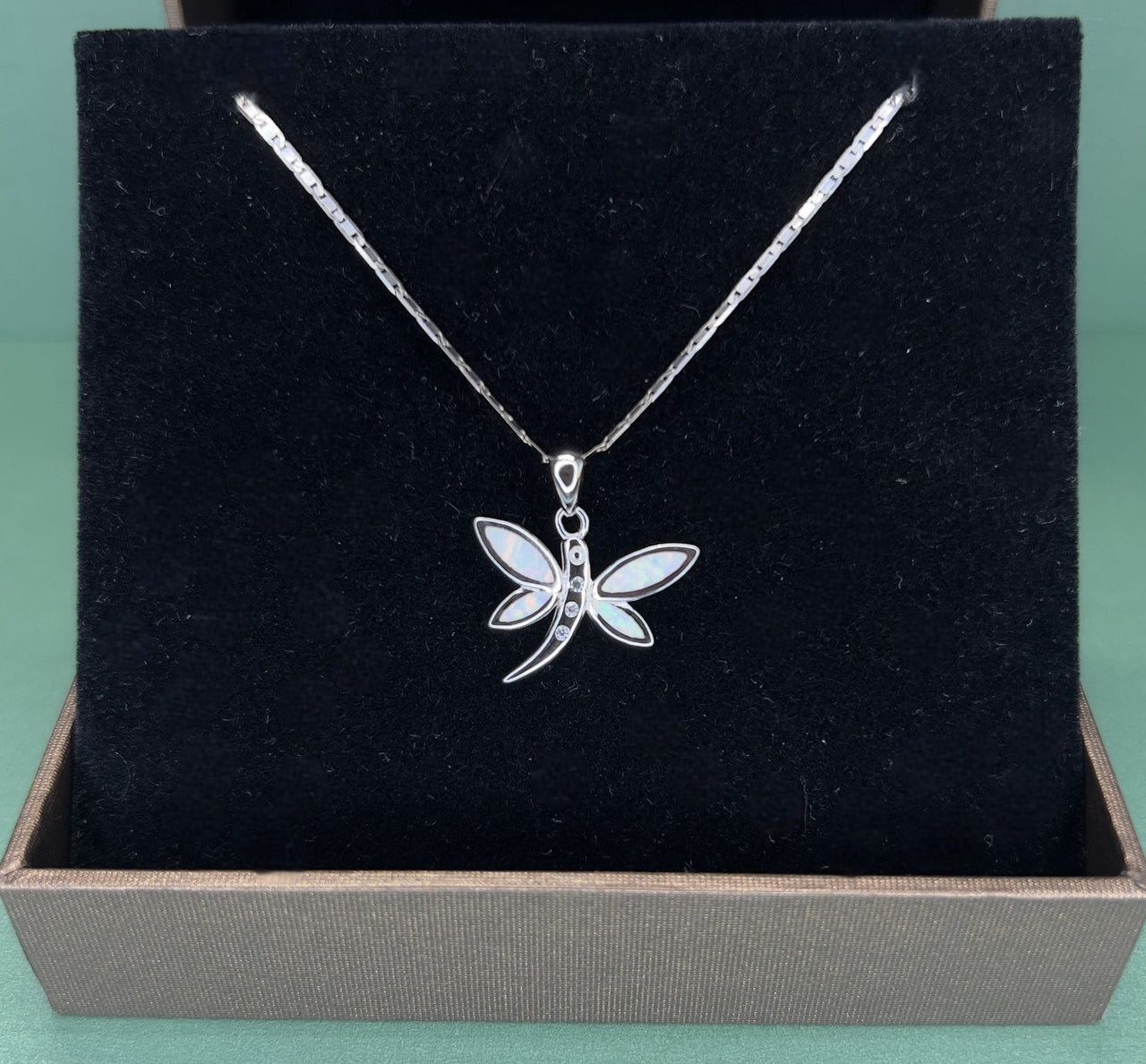 White Opal Dragonfly Sterling Silver Pendant Necklace