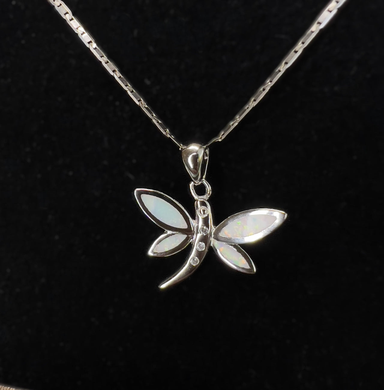 White Opal Dragonfly Sterling Silver Pendant Necklace