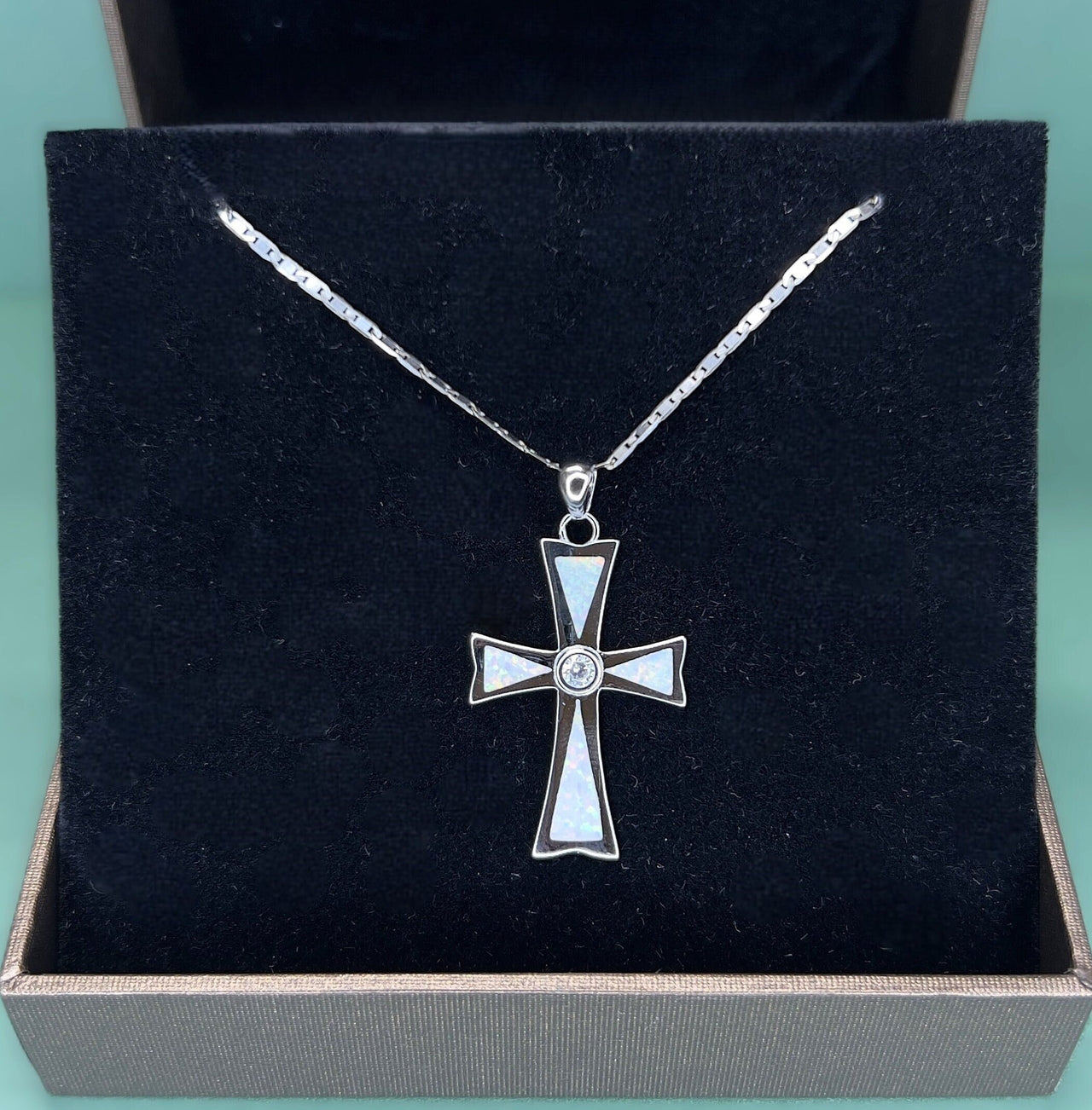 White Opal Cross Sterling Silver Pendant Necklace