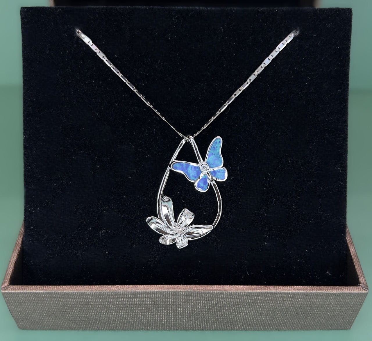 White (Blue) Opal Butterfly Love Flower Sterling Silver Pendant Necklace