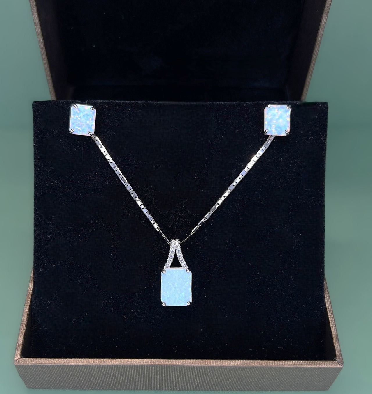 White Square Opal Sterling silver pendant and earrings set