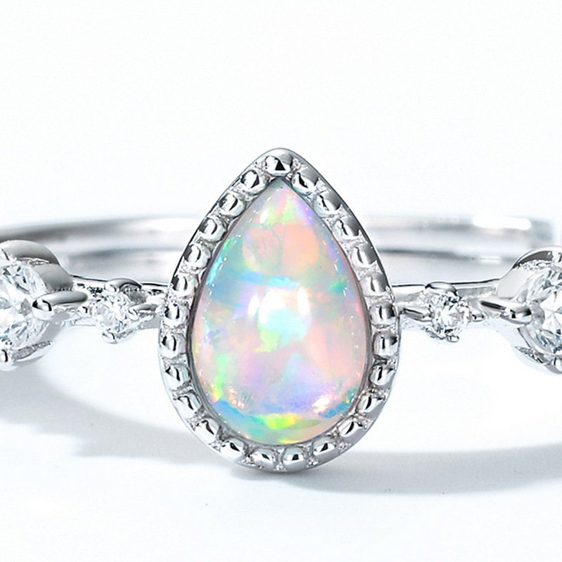 White Teardrop Opal Sterling Silver Adjustable Ring