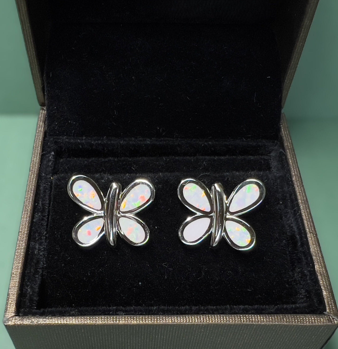 White Opal Butterfly Sterling Silver Stud Earrings