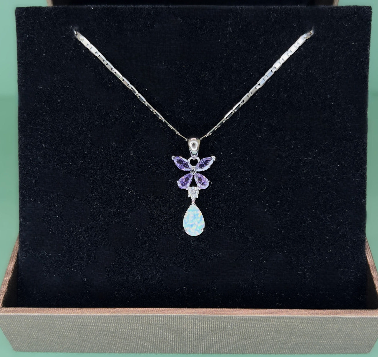 Purple Floral White Opal Drops Sterling Silver Pendant Necklace