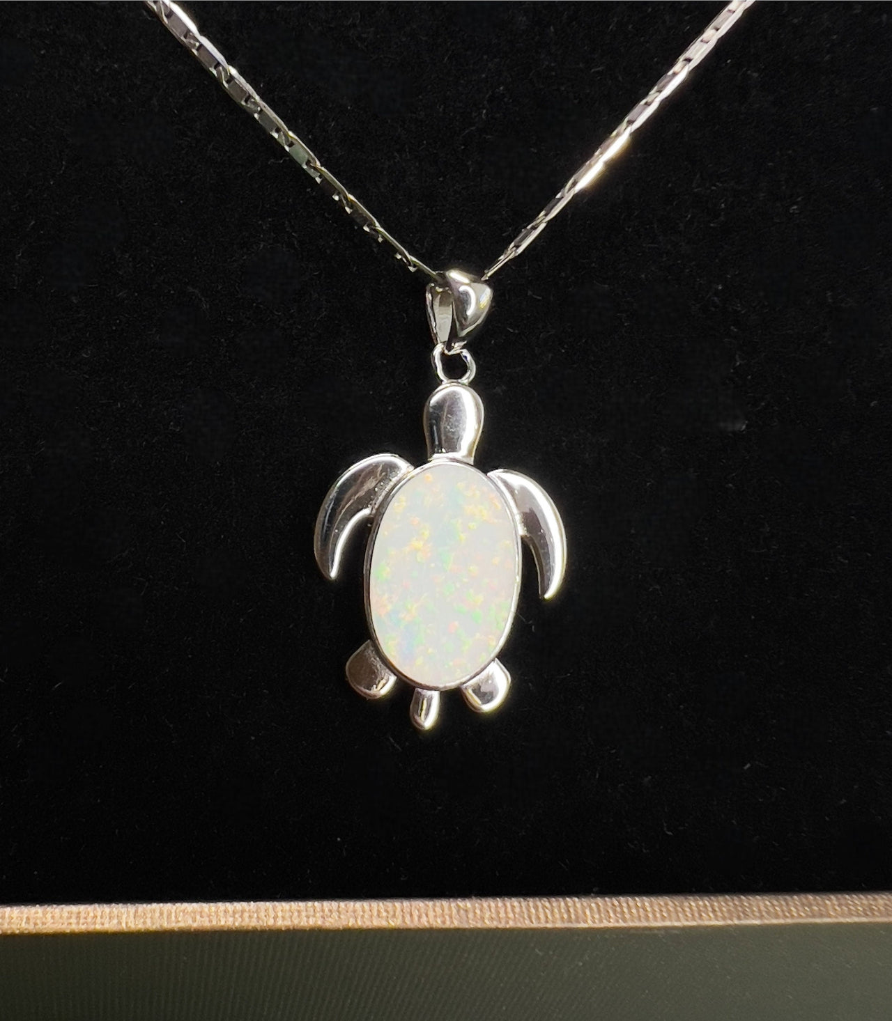 White Opal Turtle Sterling Silver Pendant Necklace