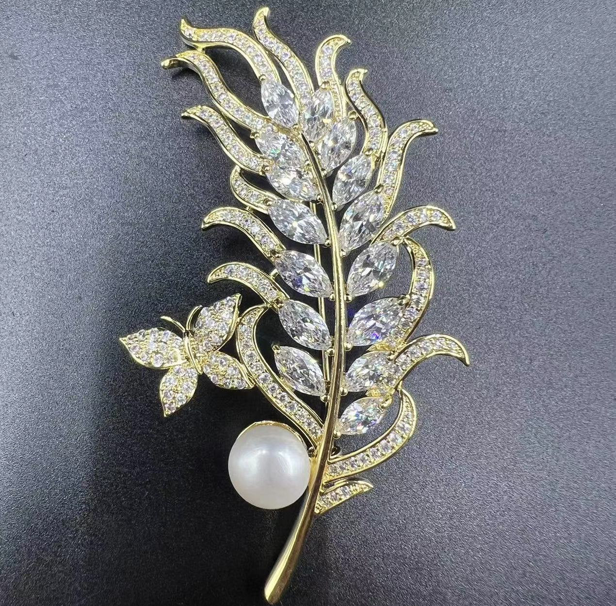 Handcrafted Zircon Gold Leaf and Butterfly Pearl Brooch