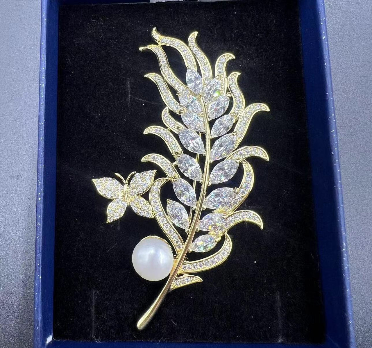 Handcrafted Zircon Gold Leaf and Butterfly Pearl Brooch