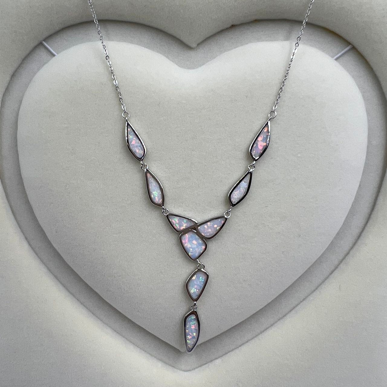 White Opal Inlay Sterling Silver Necklace, Drop Pendant