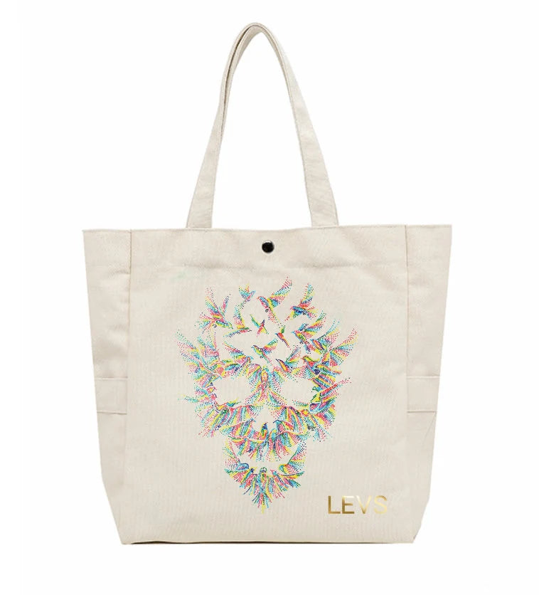 Personalized Canvas Tote Bag with Vibrant sequin Bird Skull Design